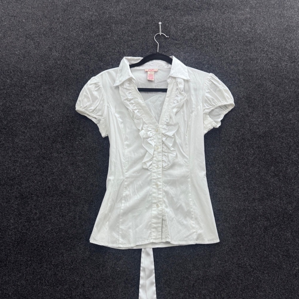 Candies Womens White Ruffle V-Neck Button Up Blouse Puff Sleeve Size L 3572JMLW